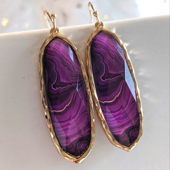 PURPLE Agate Look Oval Large Earrings with Gold Tone Hardware NEW - Picture 9 of 9